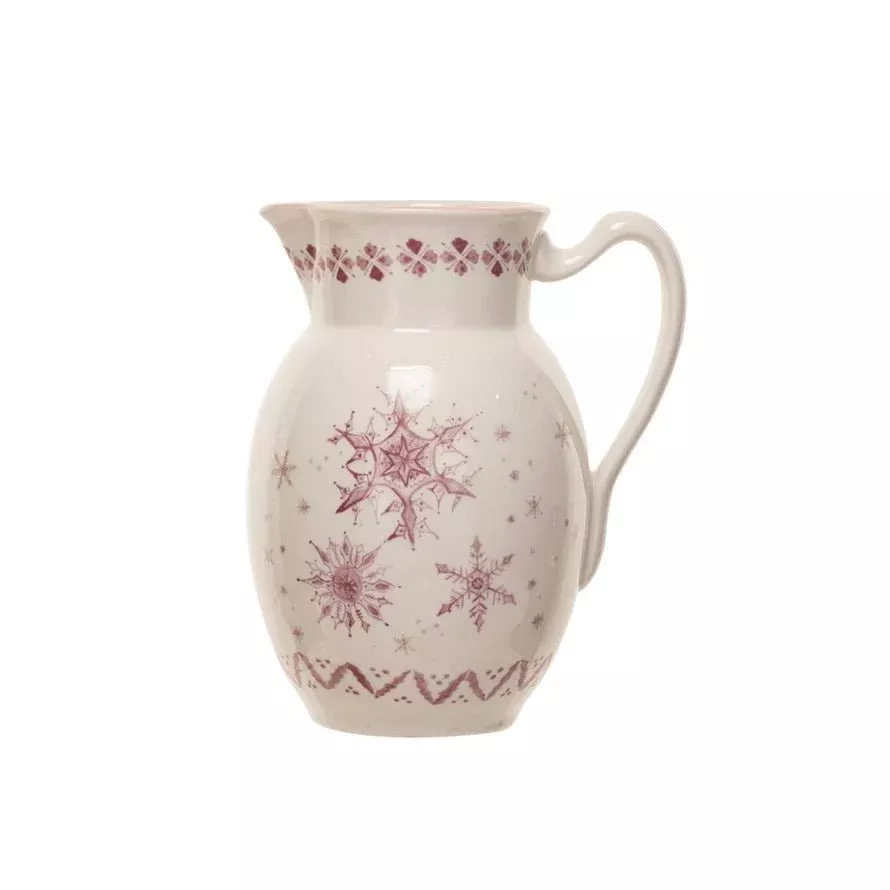 Elegant Two-Quart Stoneware Pitcher w/ Snowflake Pattern Pink & Cream