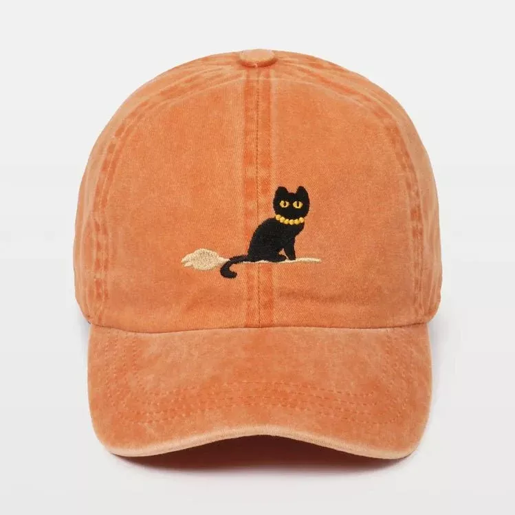 Embroidered Black Cat Ball Cap Orange/Rust Color