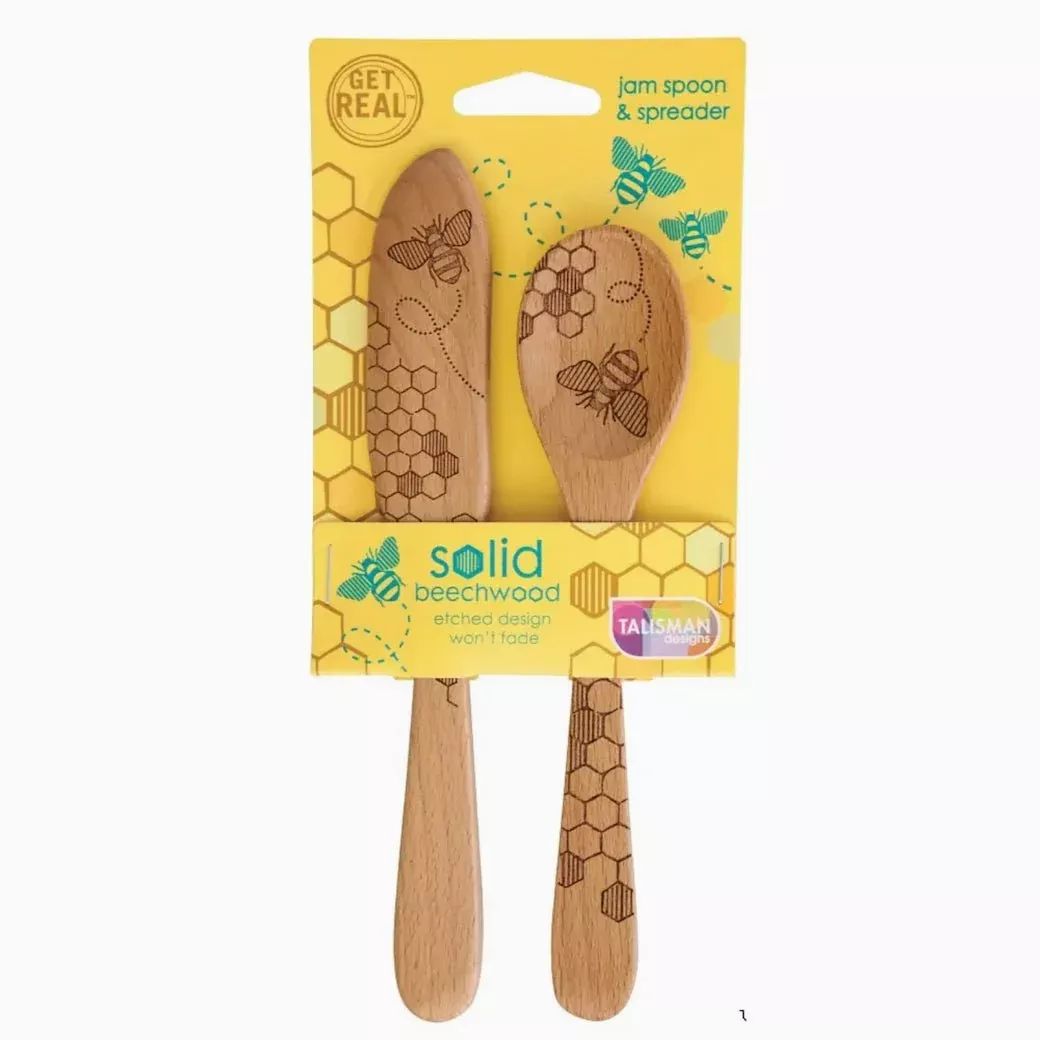 Etched Beechwood Honey Bee Jam Spoon & Spreader Set