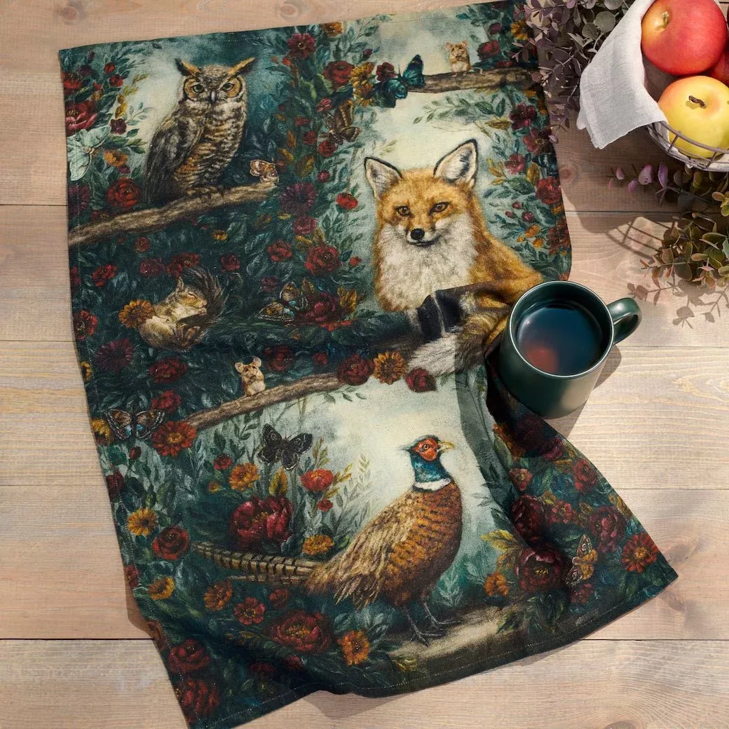 Fall Woodland Kitchen Towel w Fox, Owl & Pheasant