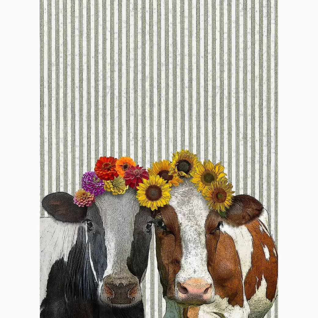 Fanciful Cows in Flower Hats w Ticking Stripe Flour Sack Tea Towels