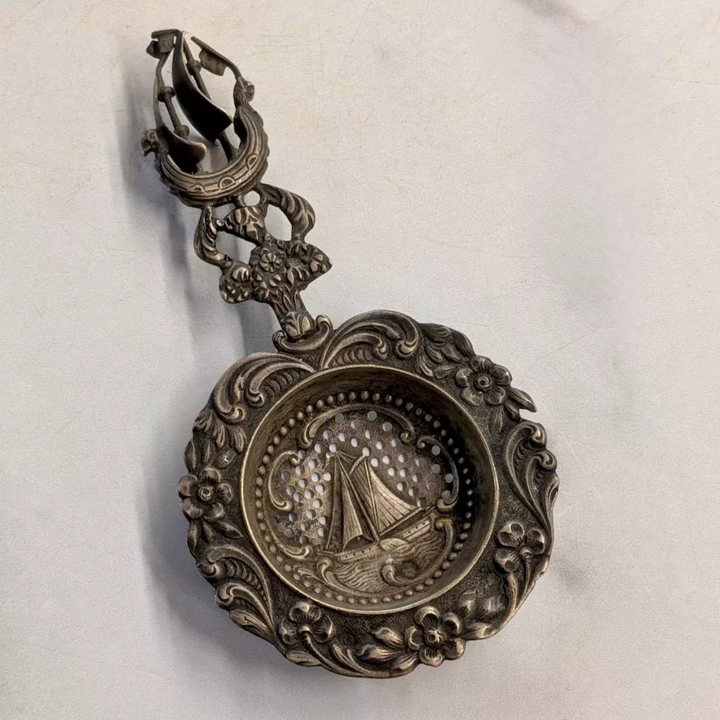 Fancy Vintage Silver Plate Tea Strainer with Maritime Images