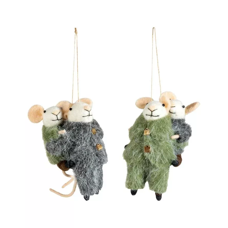 Felt Piggyback Mouse Ornament in Cozy Clothes CHOICE of Two Color Combos