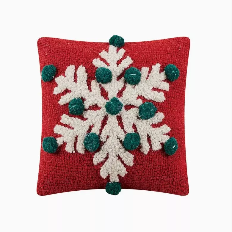 Festive Petite Hooked Rug Snowflake Pillow with Pom Poms