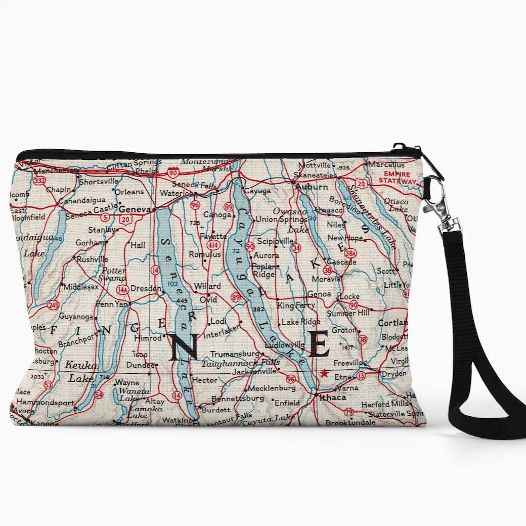 Finger Lakes NY Map Wristlet Zipper Pouch