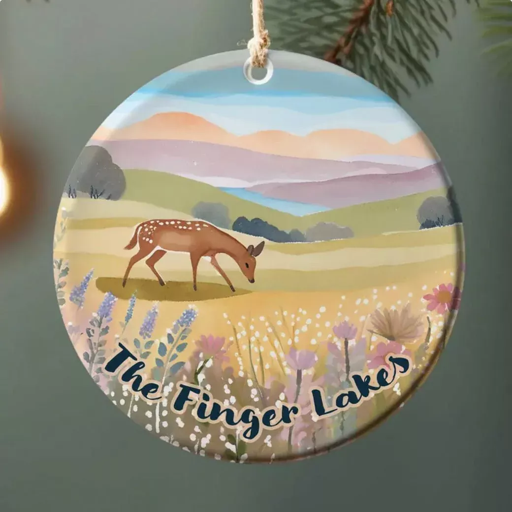 Finger Lakes Porcelain Ornament Deer in Meadow
