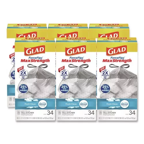 Glad 70320 ForceFlex MaxStrength 24 in. x 28 in. 13 Gallon Tall Kitchen Drawstring Trash Bags - Fresh Clean Scent/White (204/Carton)