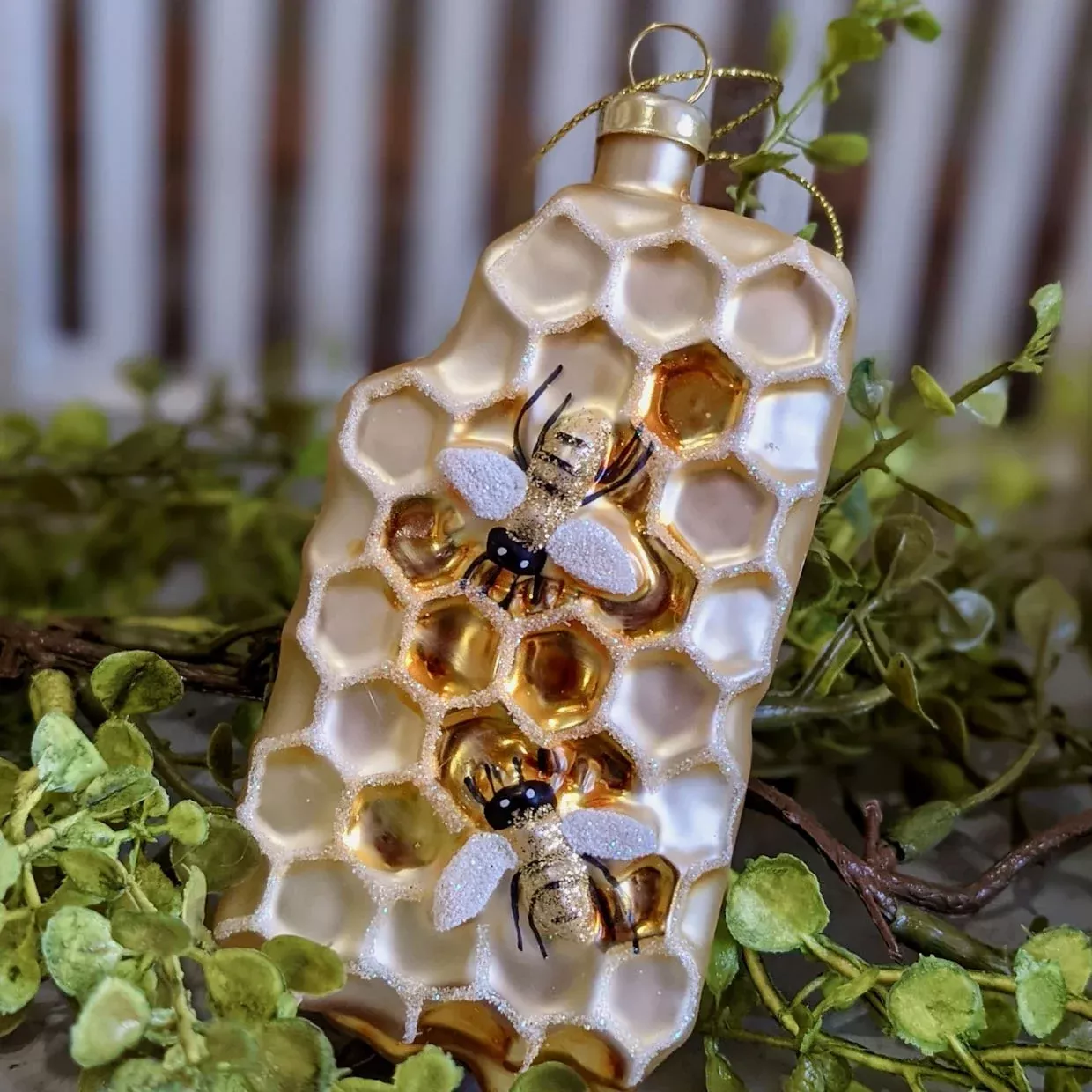 Glittered Glass Honeycomb & Honeybee Ornament