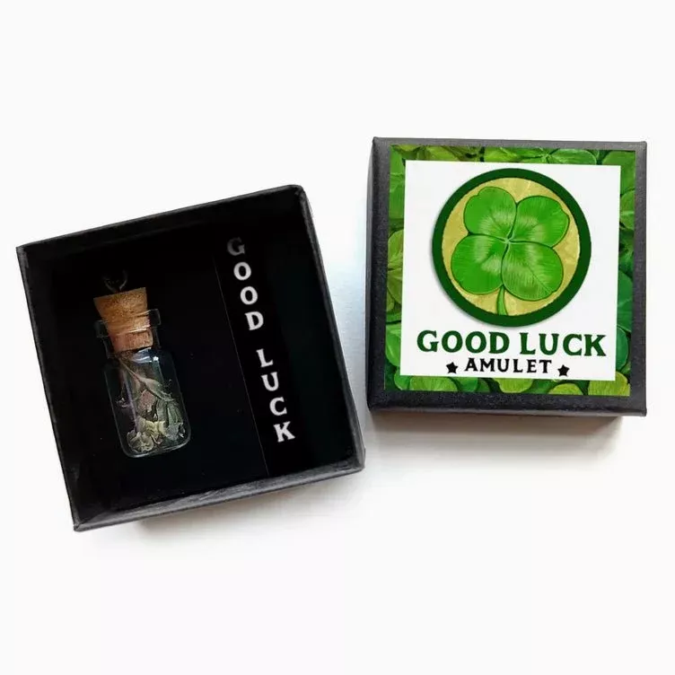 Good Luck Amulet - Fortune & Joy Talisman Necklace w Clover