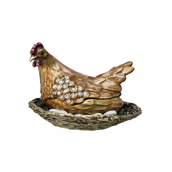 Gorgeous Enameled Metal Hen On Nest Trinket Box