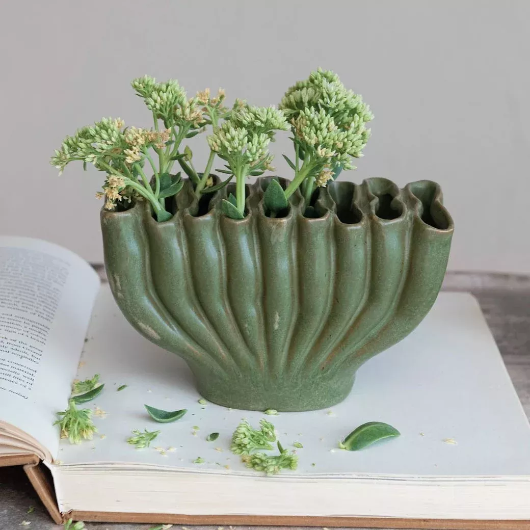 Green Fan-Shaped Stoneware Sculptural Vase