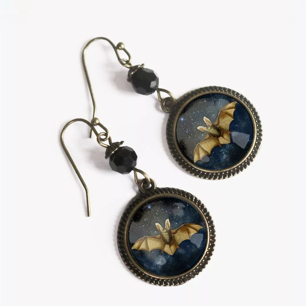 Halloween Bat Starry Night Sky Earrings for Pierced Ears