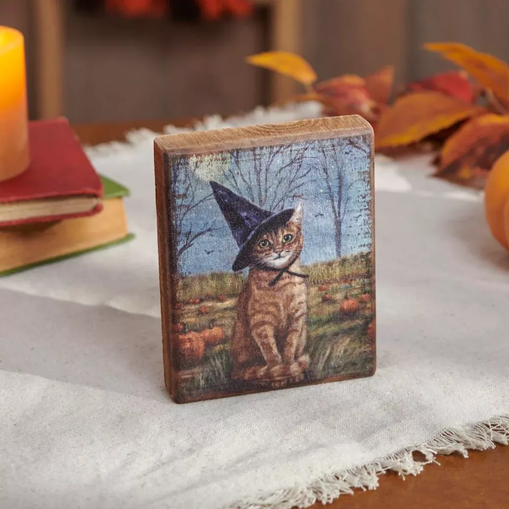 Halloween Tabby Cat Witch Rustic Wooden Block Sign
