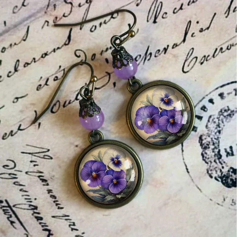 Hand-Made Springtime Pansies Earrings for Pierced Ears