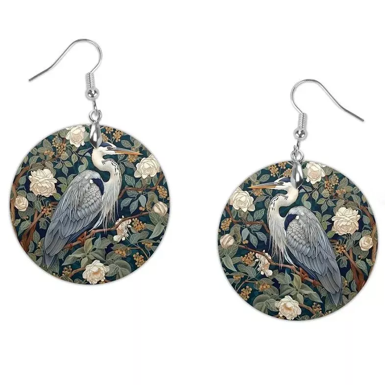 Hand-Made William Morris Blue Crane Earrings for Pierced Ears