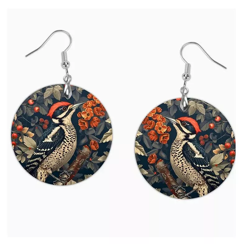 Hand-Made William Morris Woodpecker Earrings for Pierced Ears