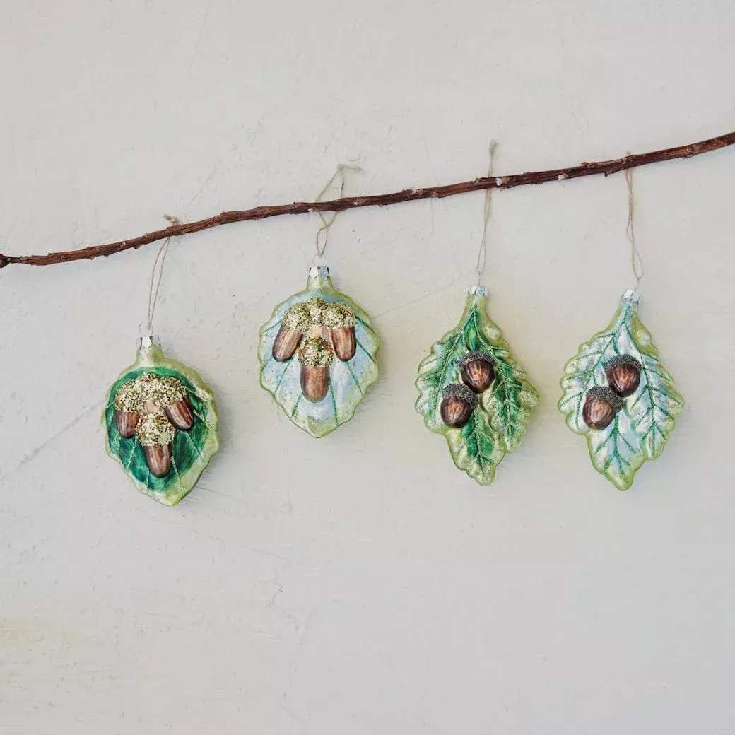Hand-Painted Glass Leaf Ornament with Acorns & Glitter, CHOICE of Four Styles