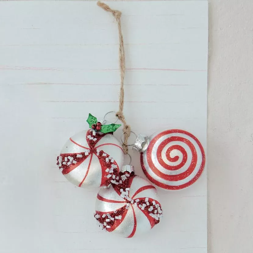 Hand-Painted Glass Peppermints Ornament with Glitter & Beads