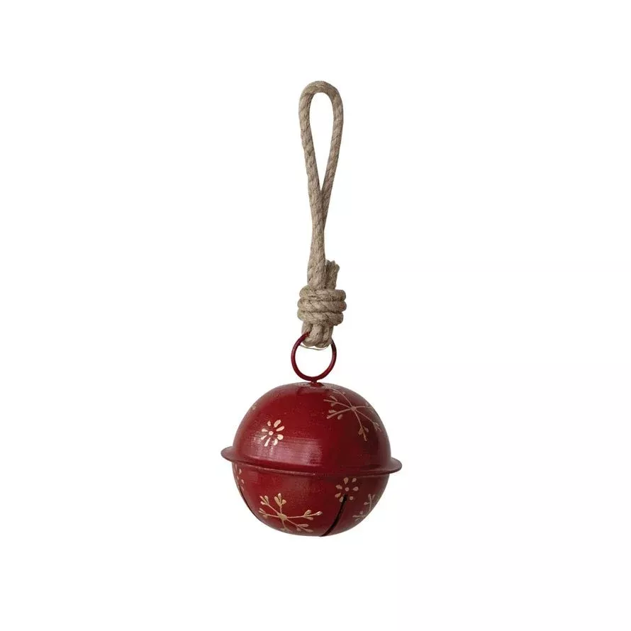 Hand-Painted Red Metal Jingle Bell Ornament w Gold Snowflakes 3.75”
