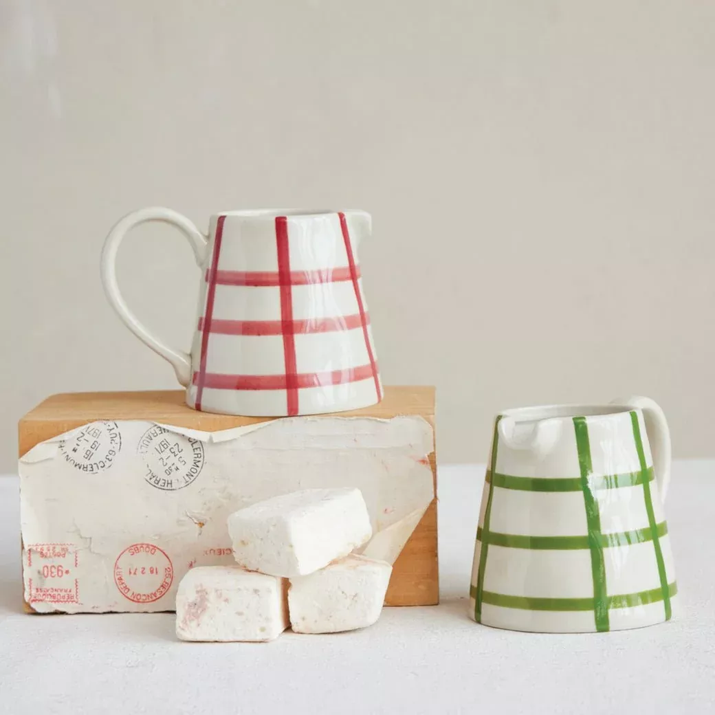 Hand-Painted Stoneware Creamer with Festive Grid Pattern CHOICE of Colors