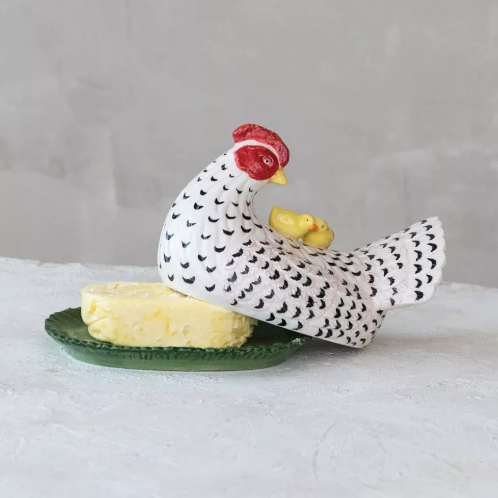 Hand-Painted Vintage Reproduction Hen Shaped Butter Dish with Chicks