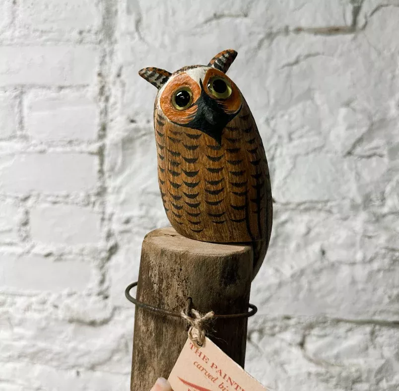 Handpainted Baby Horned Owl Wooden Figurine