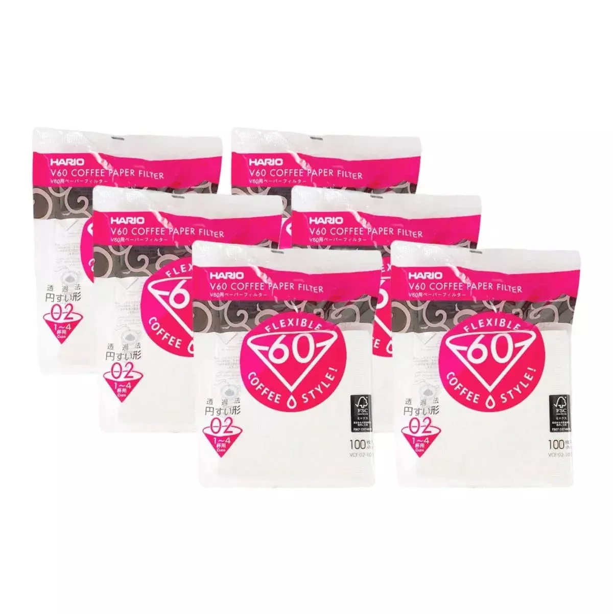 Hario V60 White Tabbed Paper Coffee Filters Size 02 (600filt.) (Pack of 6)