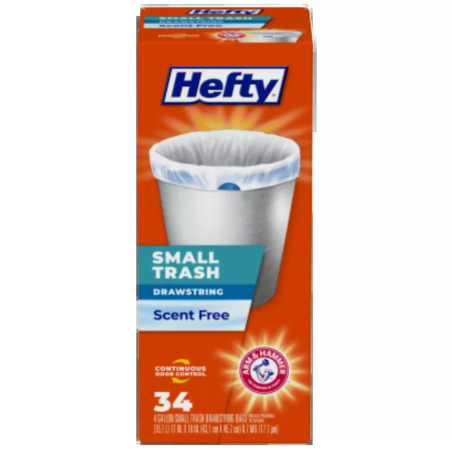 Hefty Draw String Small Trash Bags – 4 Gallon – Scent Free – 34 Count