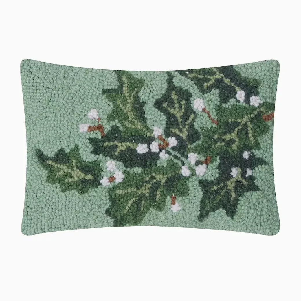 Holly with Berries Christmas Hooked Rug Pillow