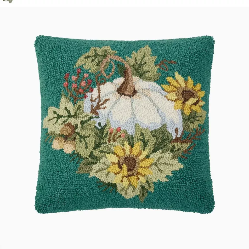 Hooked Rug Pillow White Pumpkin on Teal Background