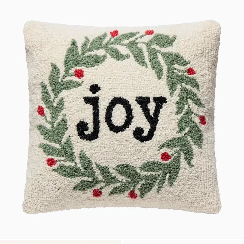 Joy Hooked Rug Holiday Pillow