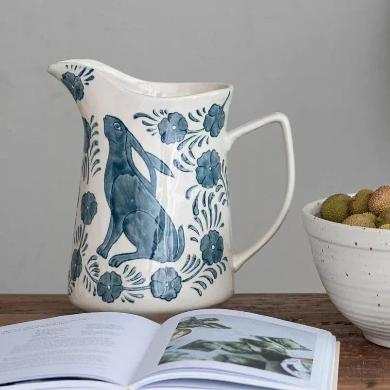 Large Hand-Painted Blue Bunny Pitcher 3 Quart