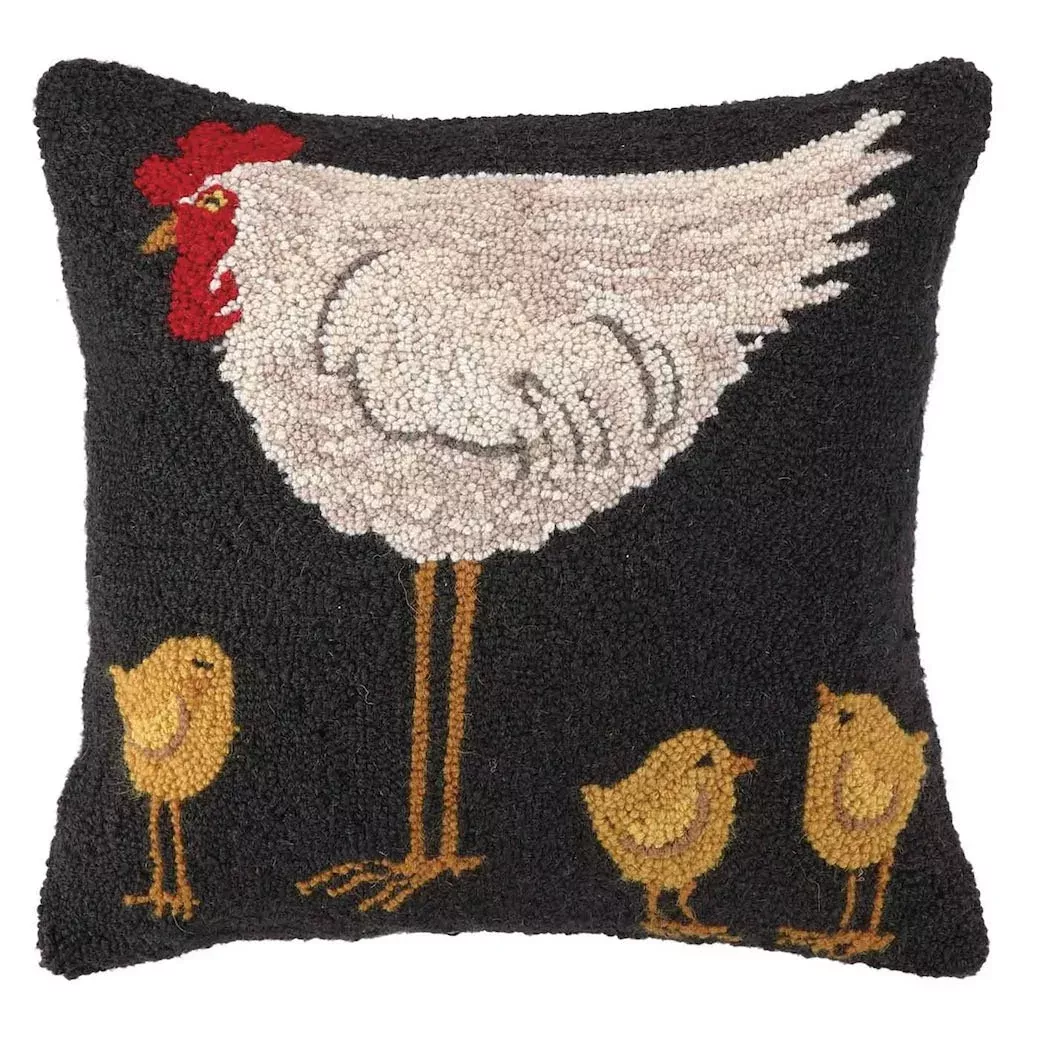 Large Hooked Rug Pillow Hen w Three Chicks