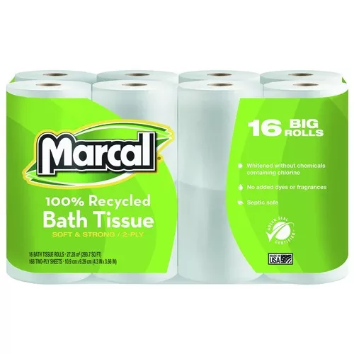 Marcal 16466 2 Ply Septic Safe 4 in. x 4 in. 100% Recycled Bath Tissues - White (16/Pack)