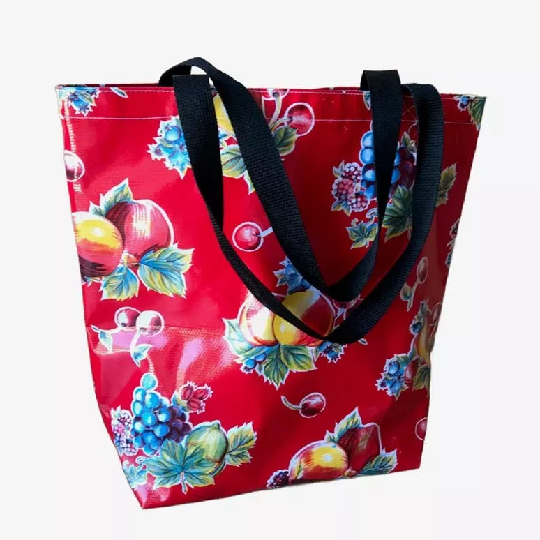 Medium Oilcloth Tote Red Pears & Apples Pattern