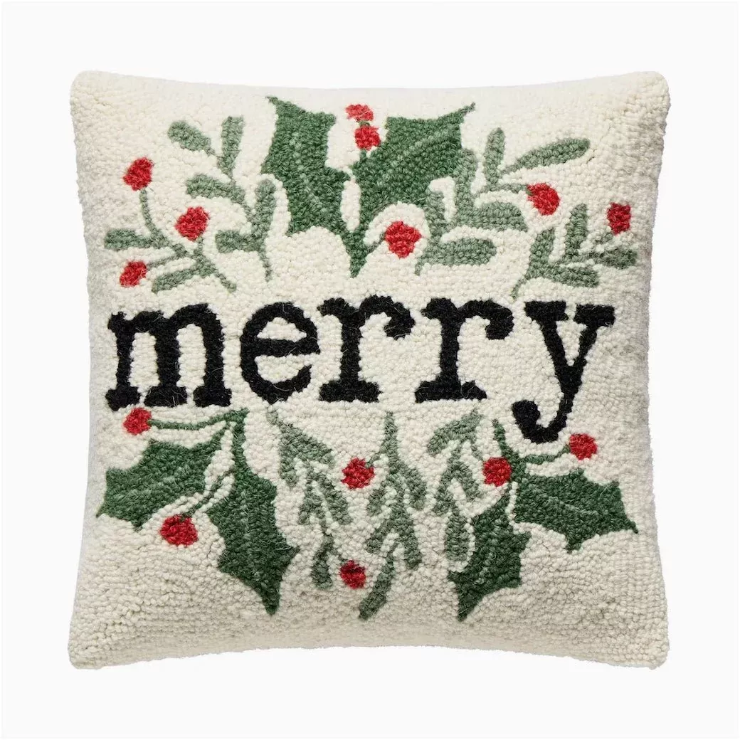 Merry Hooked Rug Holiday Pillow