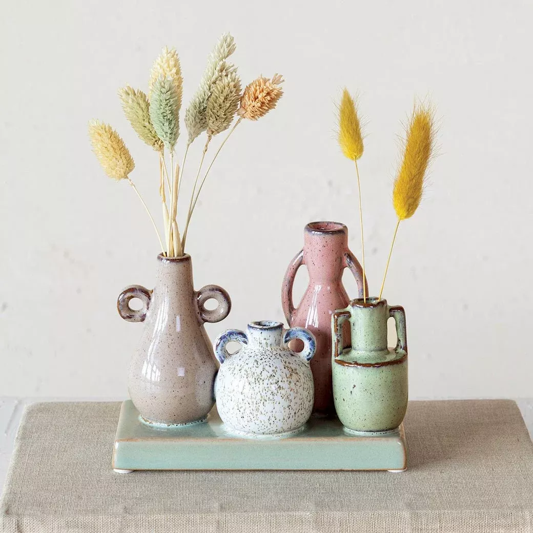 Mounted Multi-Colored Stoneware Vases with Base