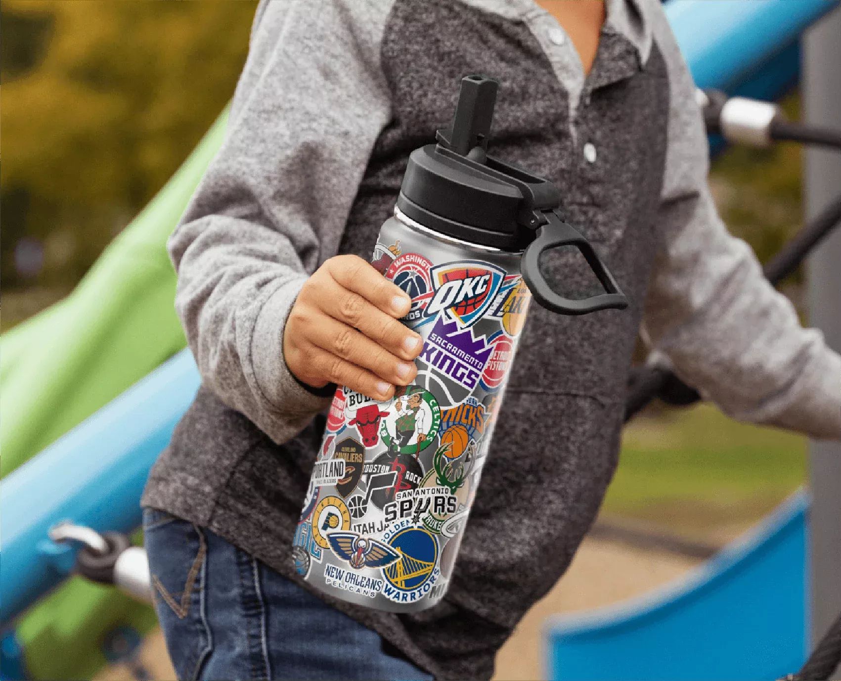 NBA 20oz All Team Sticker Print Kids Water Bottle with Straw Lid