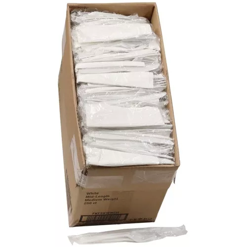 Pactiv Corp. FKFSKWNCH Individually Wrapped Mediumweight Plastic Fieldware Cutlery Fork/Knife/Napkin/Spoon Kit - White (250/Carton)