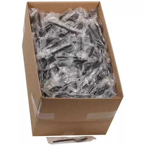 Pactiv Corp. MKFE Individually Wrapped Heavyweight Plastic Meadoware Cutlery Fork - Black (1000/Carton)