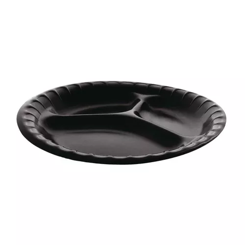 Pactiv Corp. YCI811130000 9 in. Diameter 3-Compartment Placesetter Deluxe Laminated Foam Dinnerware Plate - Black (200/Carton)