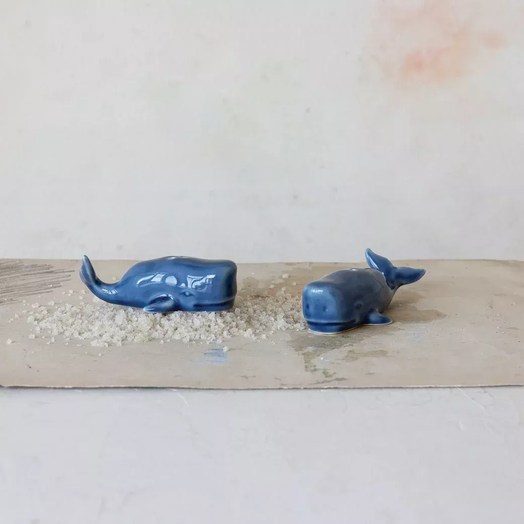Pair of Blue Stoneware Whale Salt & Pepper Shakers