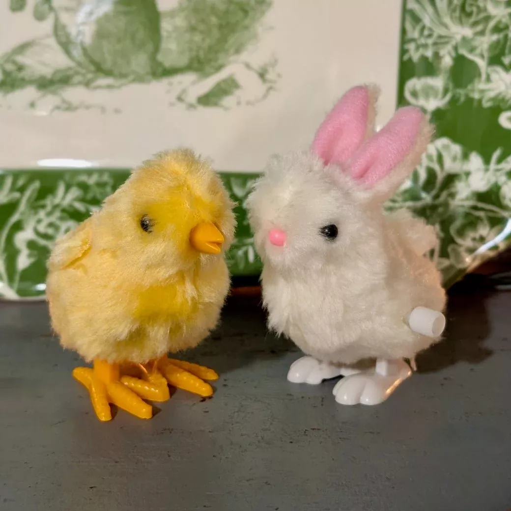 Pair of Cute Fuzzy Wind Up Toys for Easter Bunny or Chick