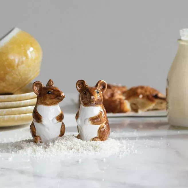 Pair of Hand-Painted Stoneware Mouse Salt & Pepper Shakers