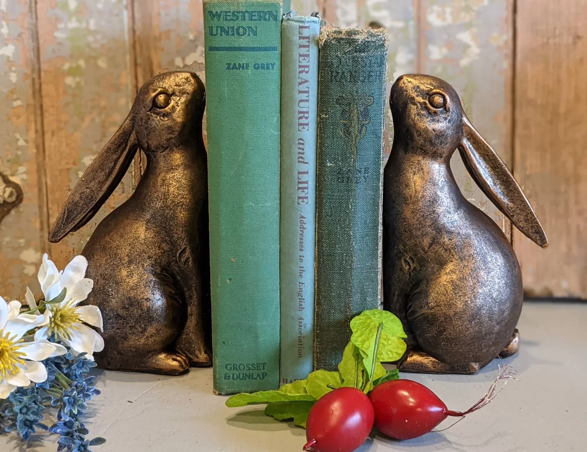 Pair of Springtime Bunny Bookends with Bronze Finish