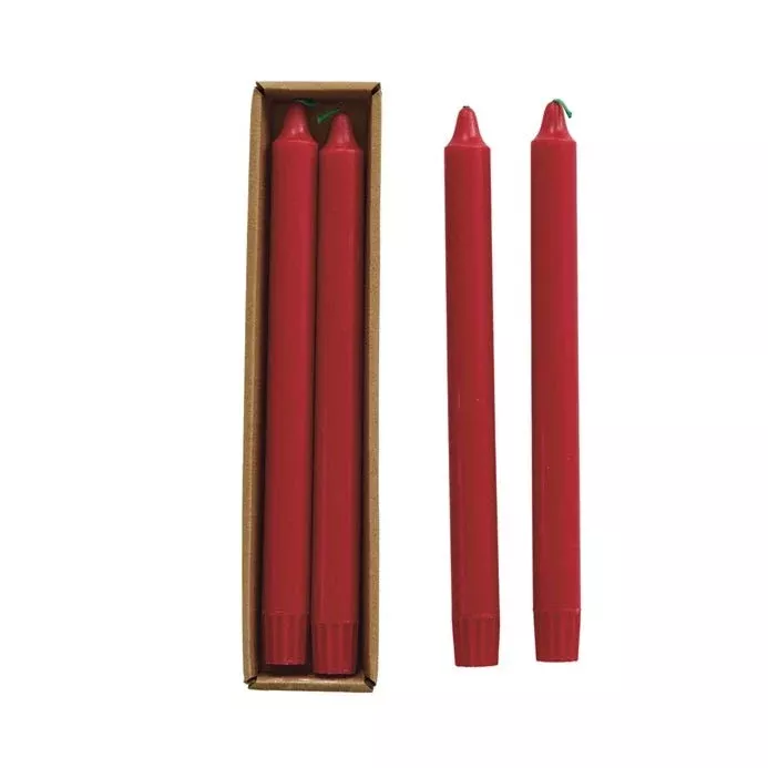 Pair of Unscented Red Taper Candles with Festive Green Wick