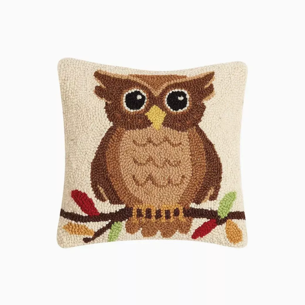 Petite Autumn Owl Hooked Rug Pillow