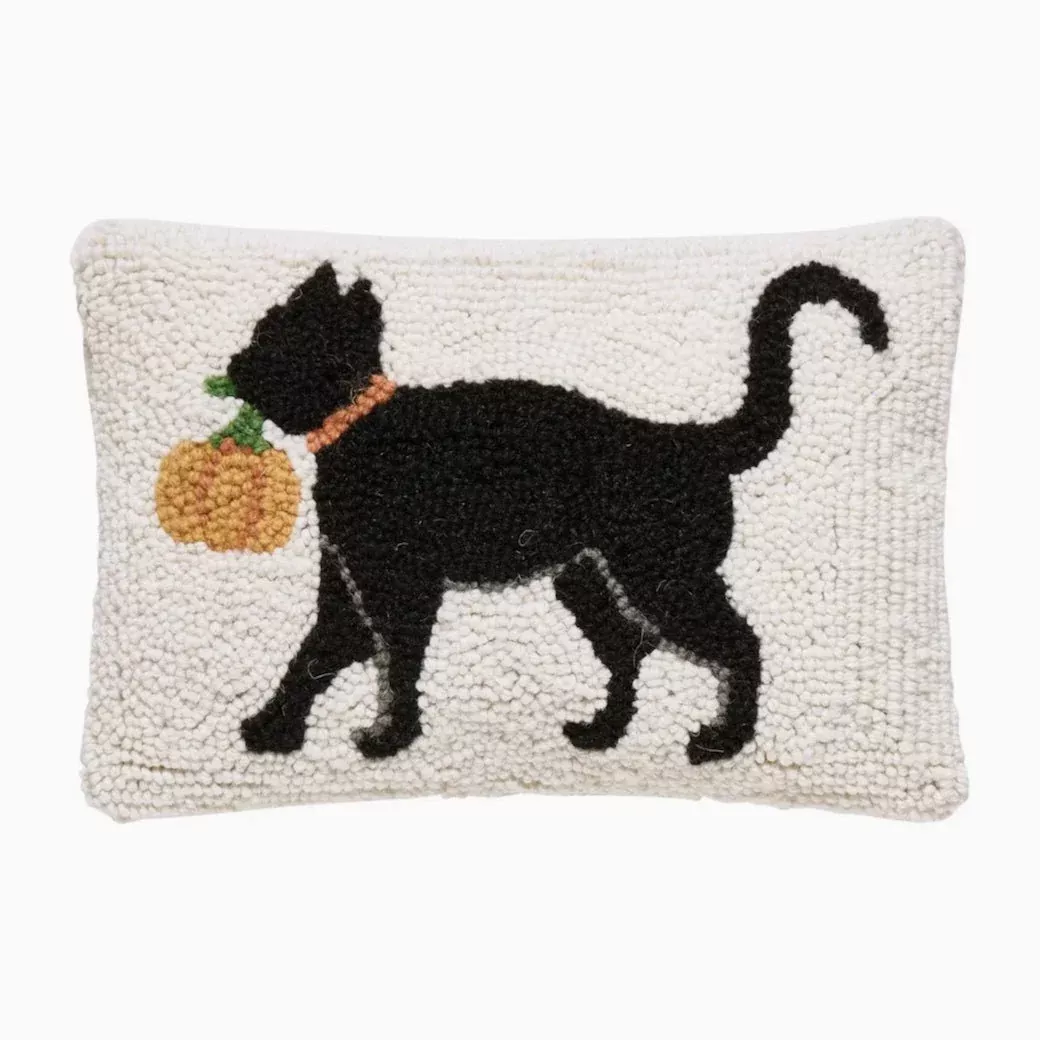 Petite Black Cat and Pumpkin Hooked Rug Halloween Pillow