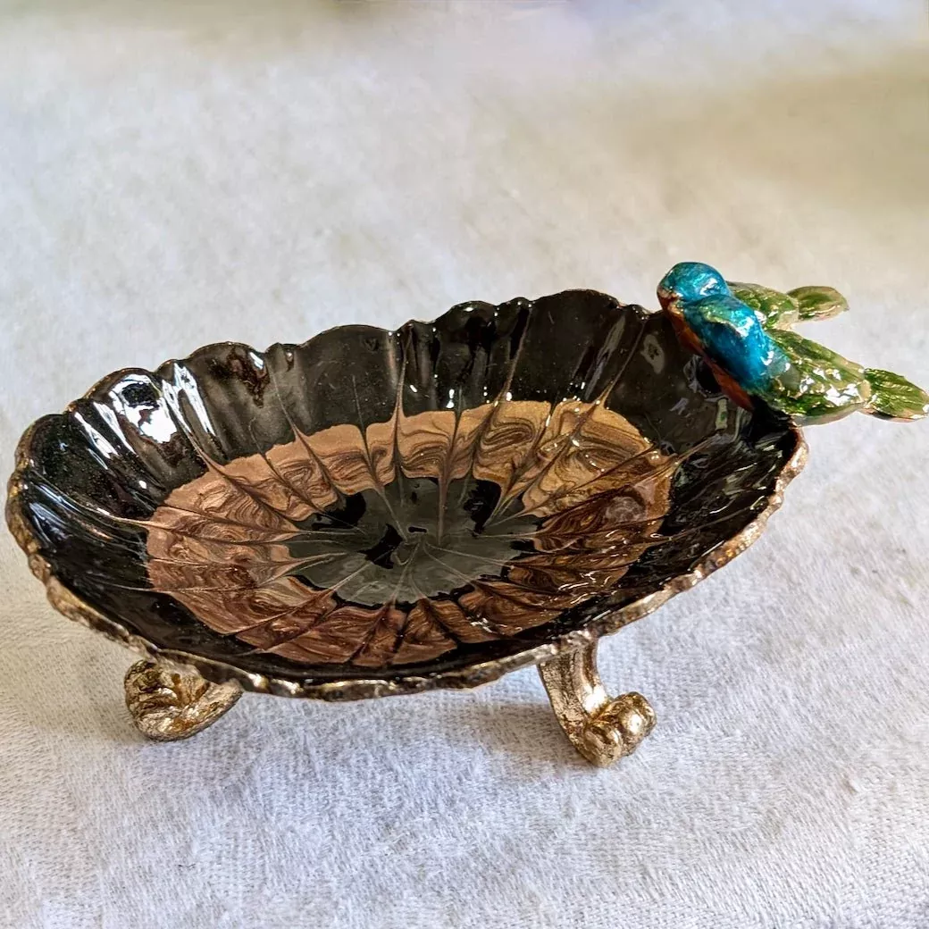 Petite Enameled Footed Jewelry Dish with Bird Figure