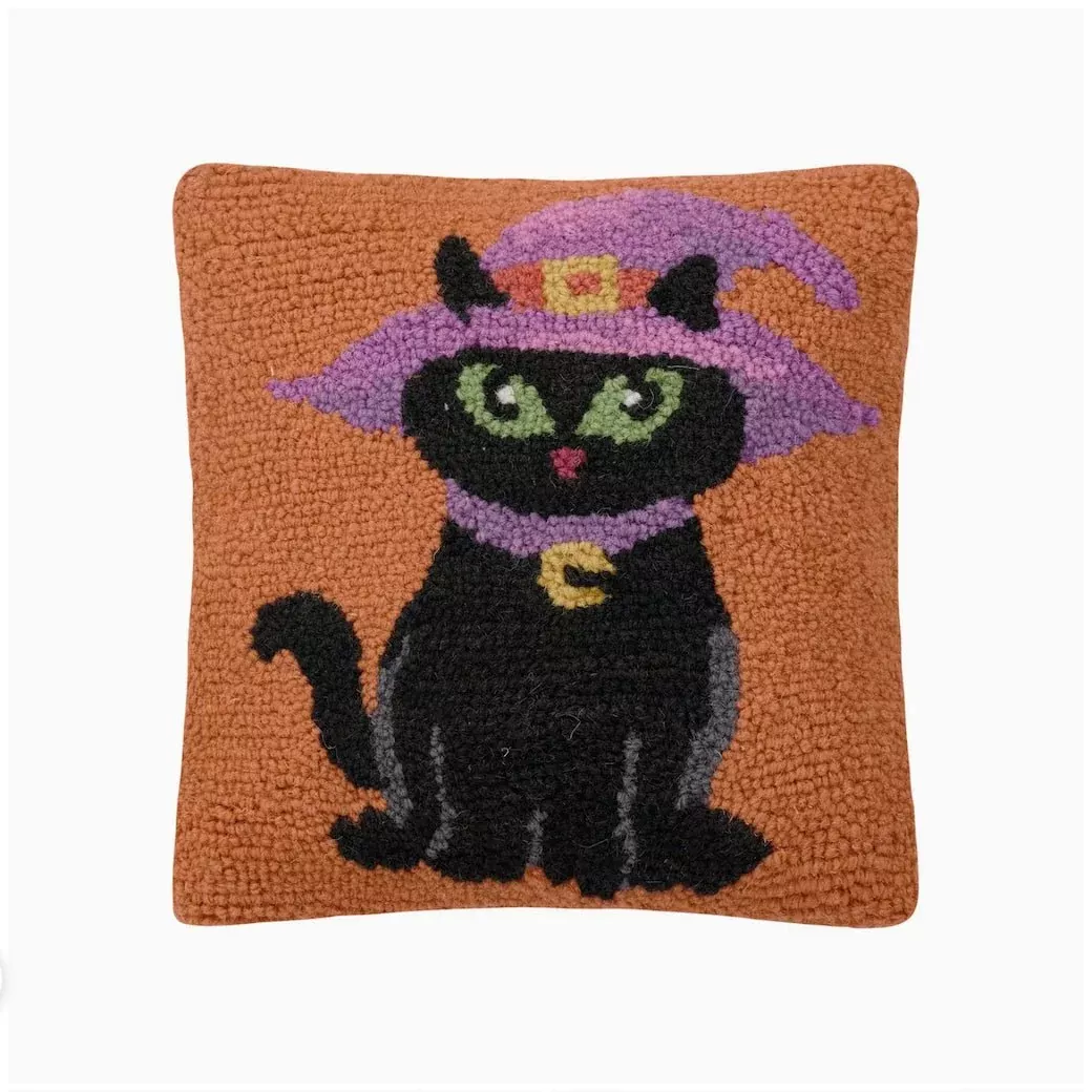 Petite Hooked Rug Pillow Black Cat w Witch Hat